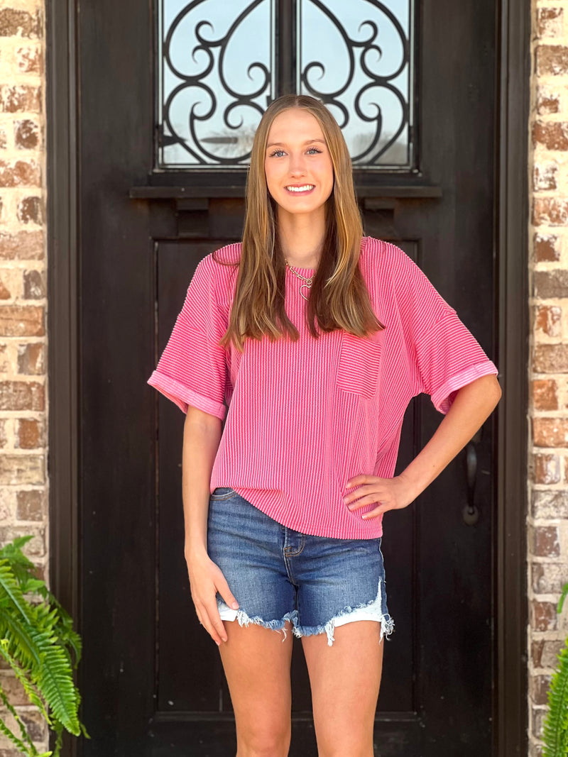 Rasberry Ribbed Umgee Basic Pocket Tee