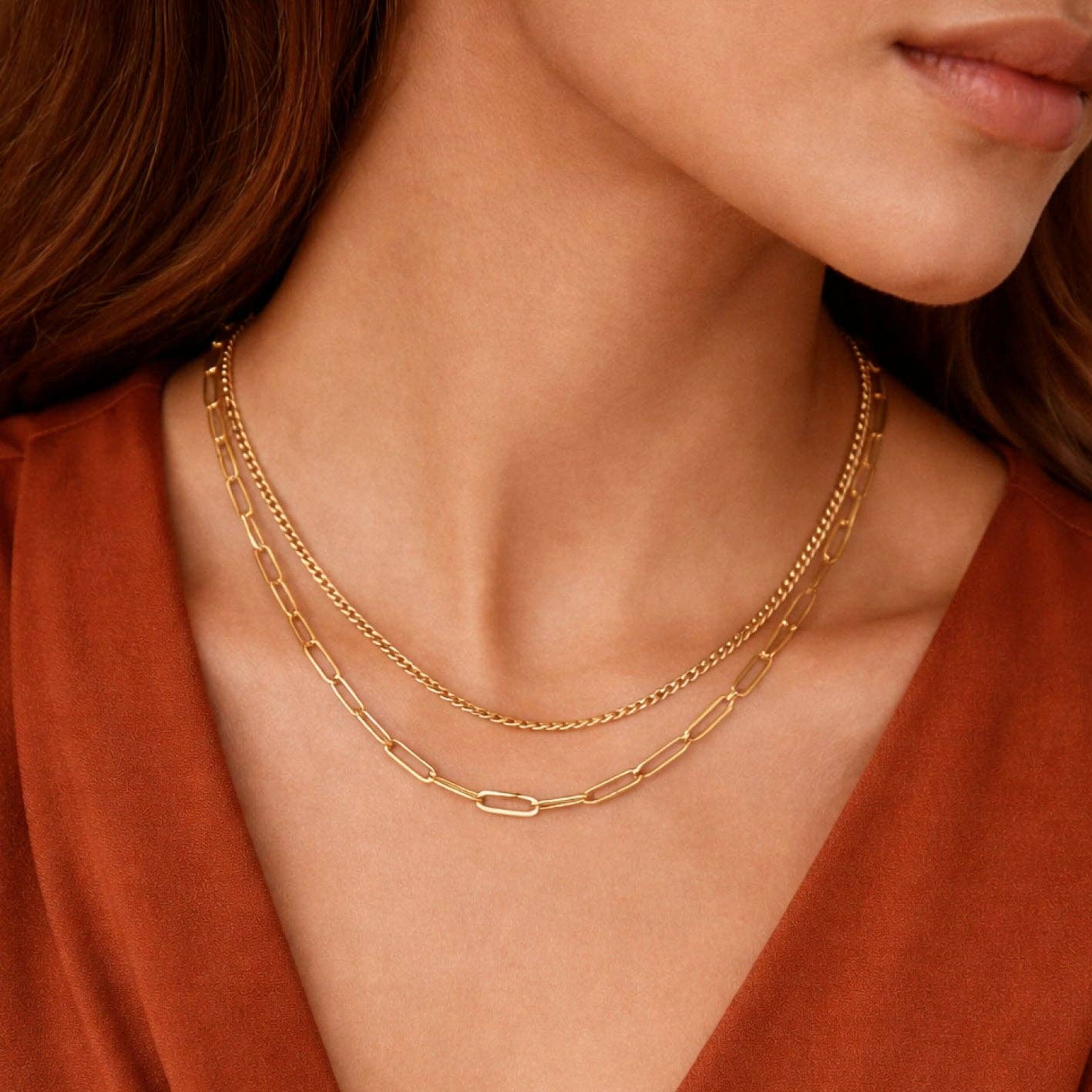 18K Gold Plated Waterproof Layered Chain Necklace