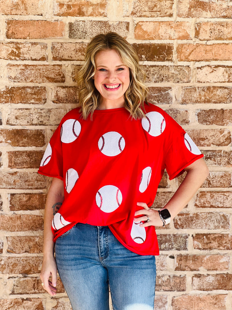 Red Sequin Baseball Patch Top