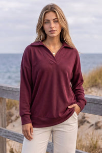 Merlot Collared V-Neck Pullover