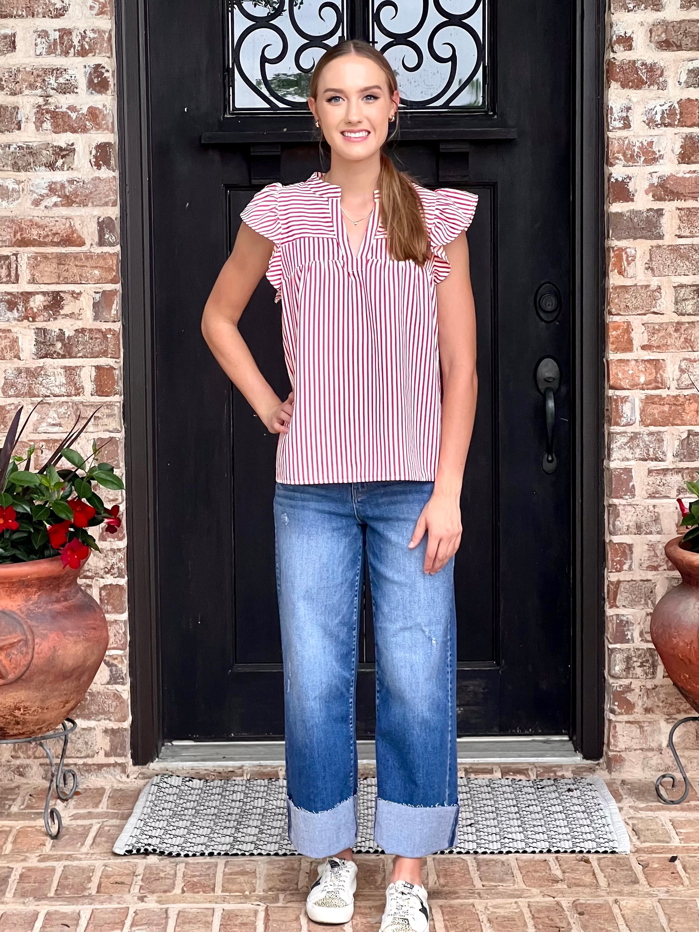 Red Striped Ruffle Cap Sleeve Top