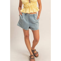 Elastic Waist Mineral Wash Denim Shorts