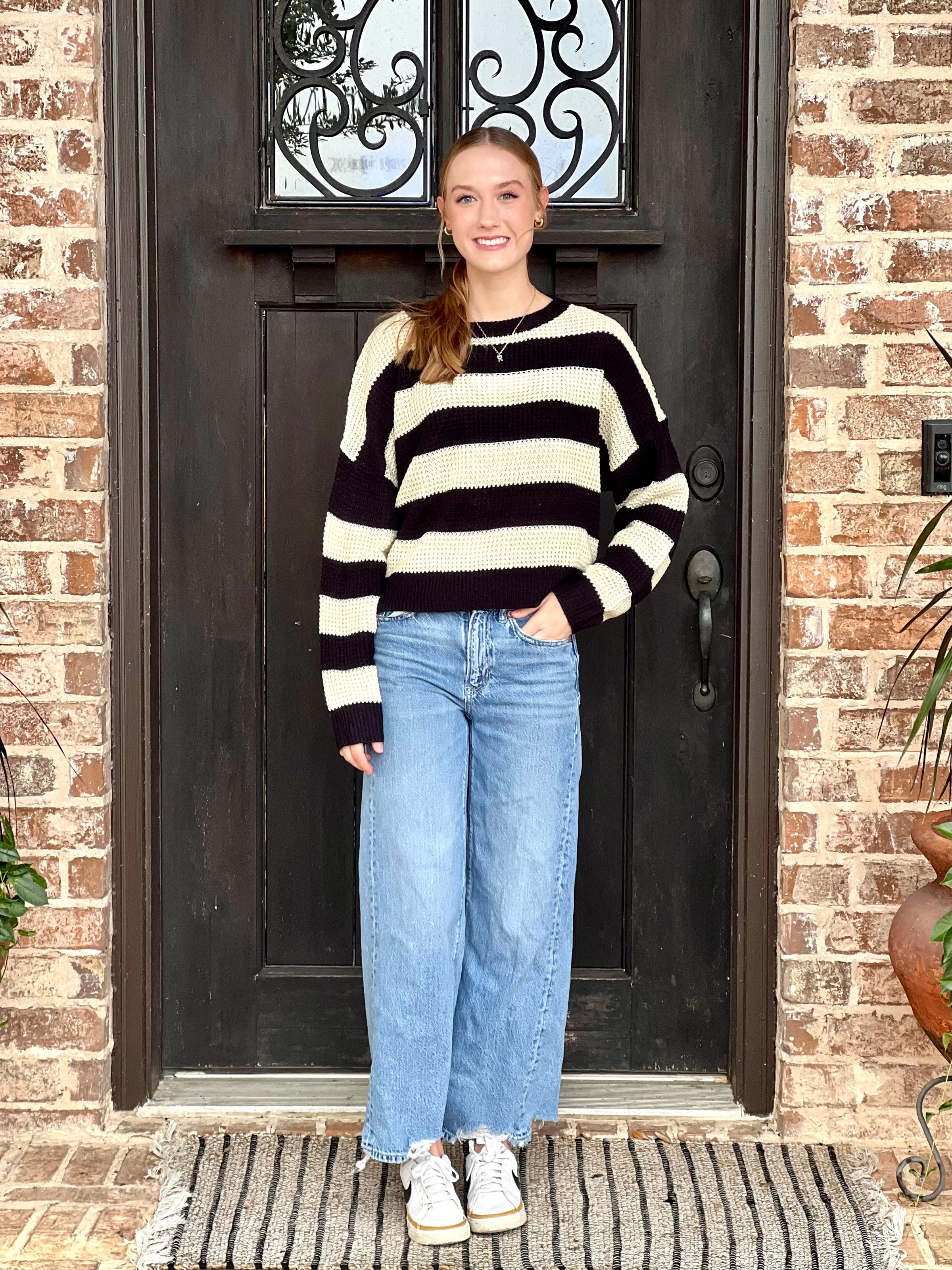 Oreo Striped Round Neck Loose Fit Sweater