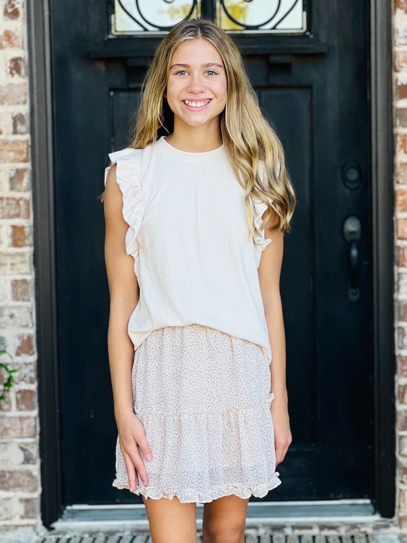Girls Beige Ditsy Heart Ruffle Skirt