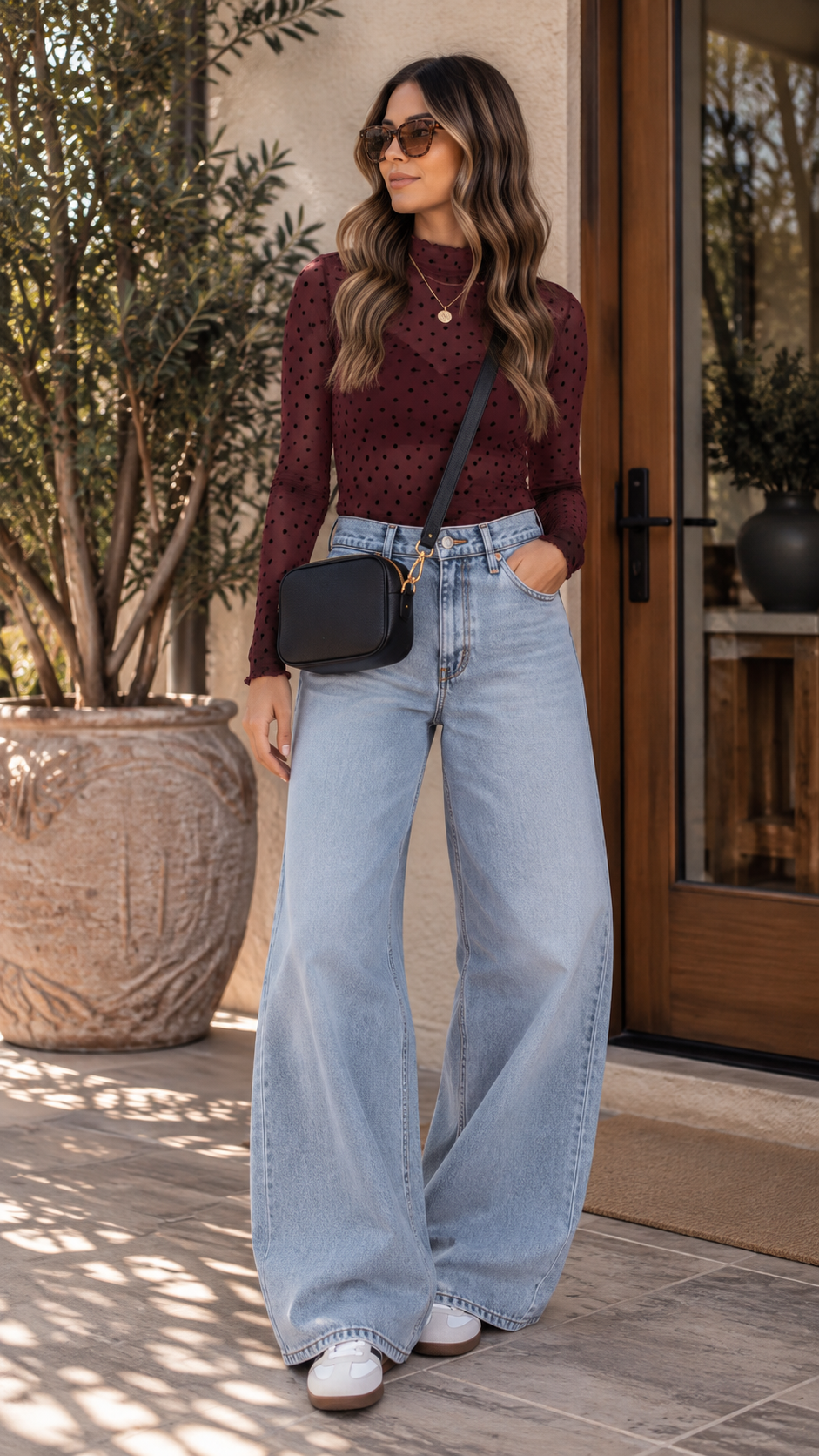 Tori Wine & Black Polka Dot Mesh Top