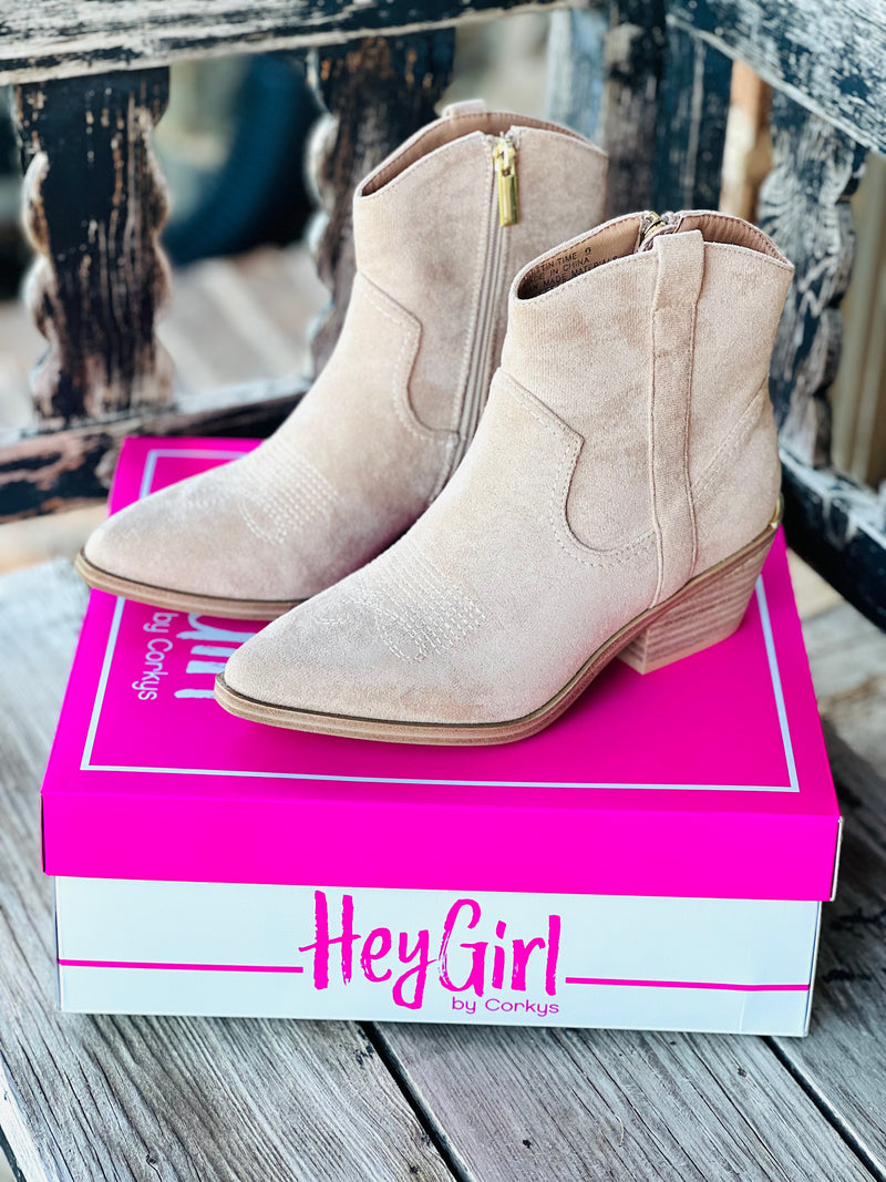 Corky’s Quittin Time Booties in Sand Faux Suede