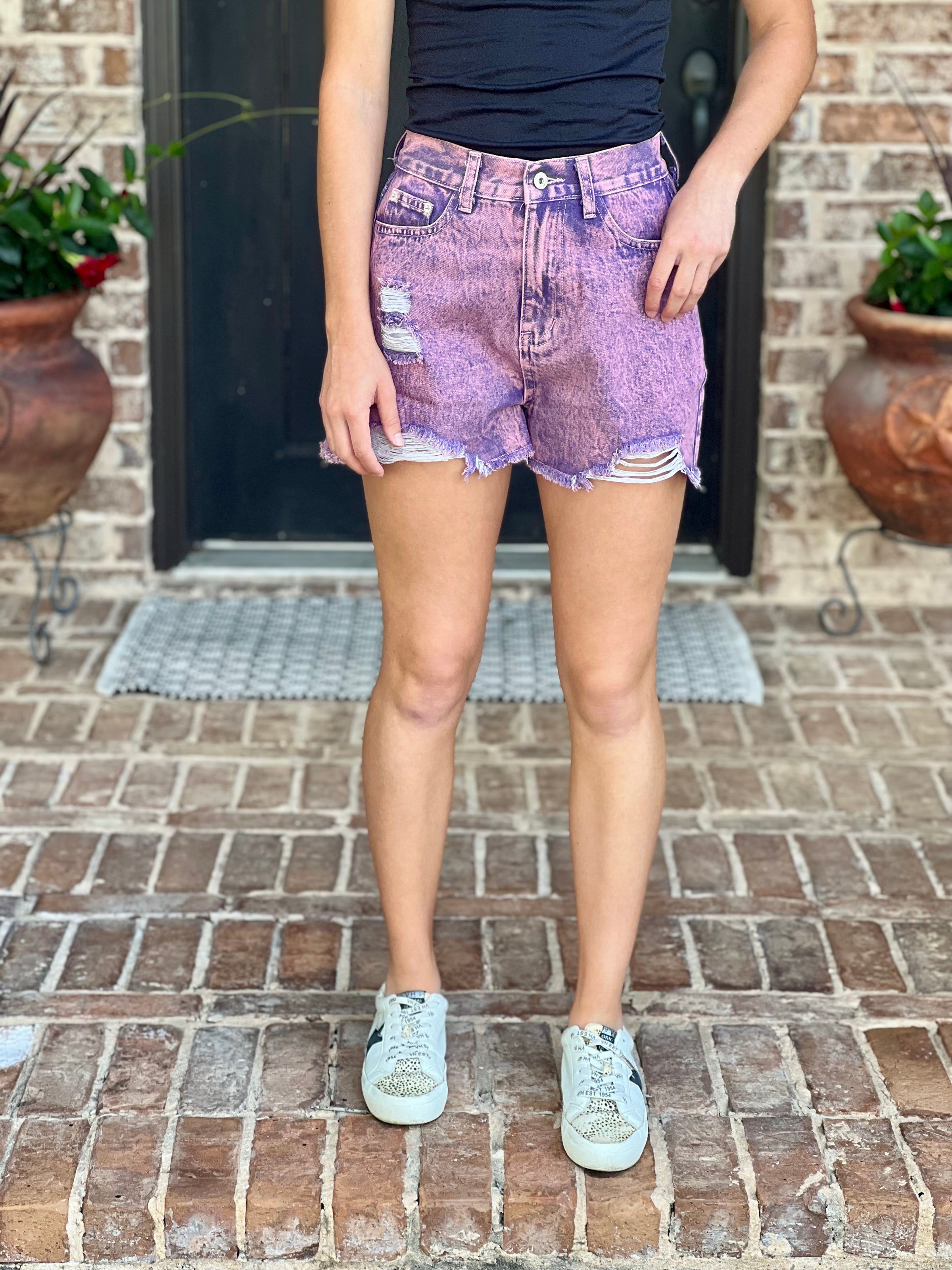 Purple Mineral Wash Distressed Shorts