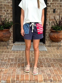 Navy Drawstring Waist American Flag Shorts