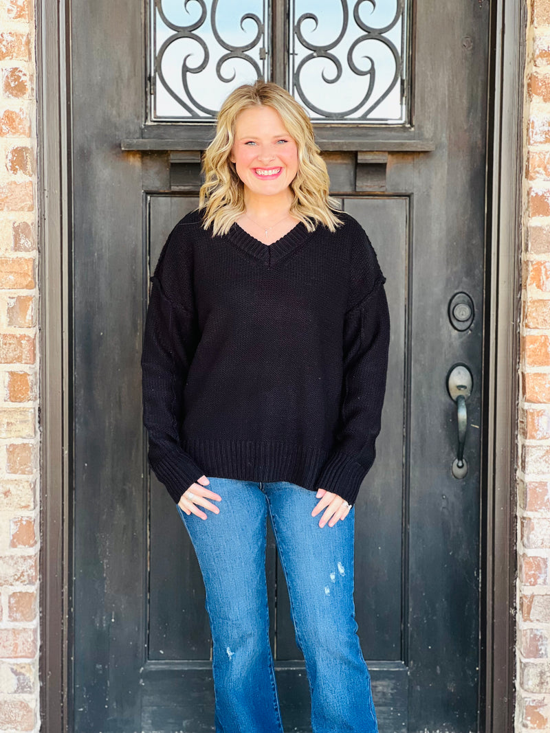 Black Chunky Oversized VNeck Sweater
