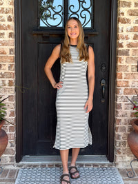 Black Stripe Contrast Trim Sleeveless Knit Midi Dress