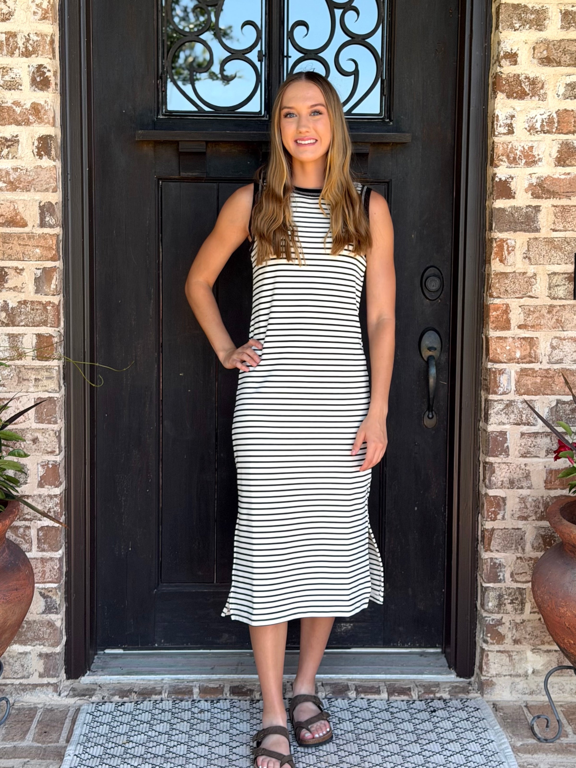 Black Stripe Contrast Trim Sleeveless Knit Midi Dress