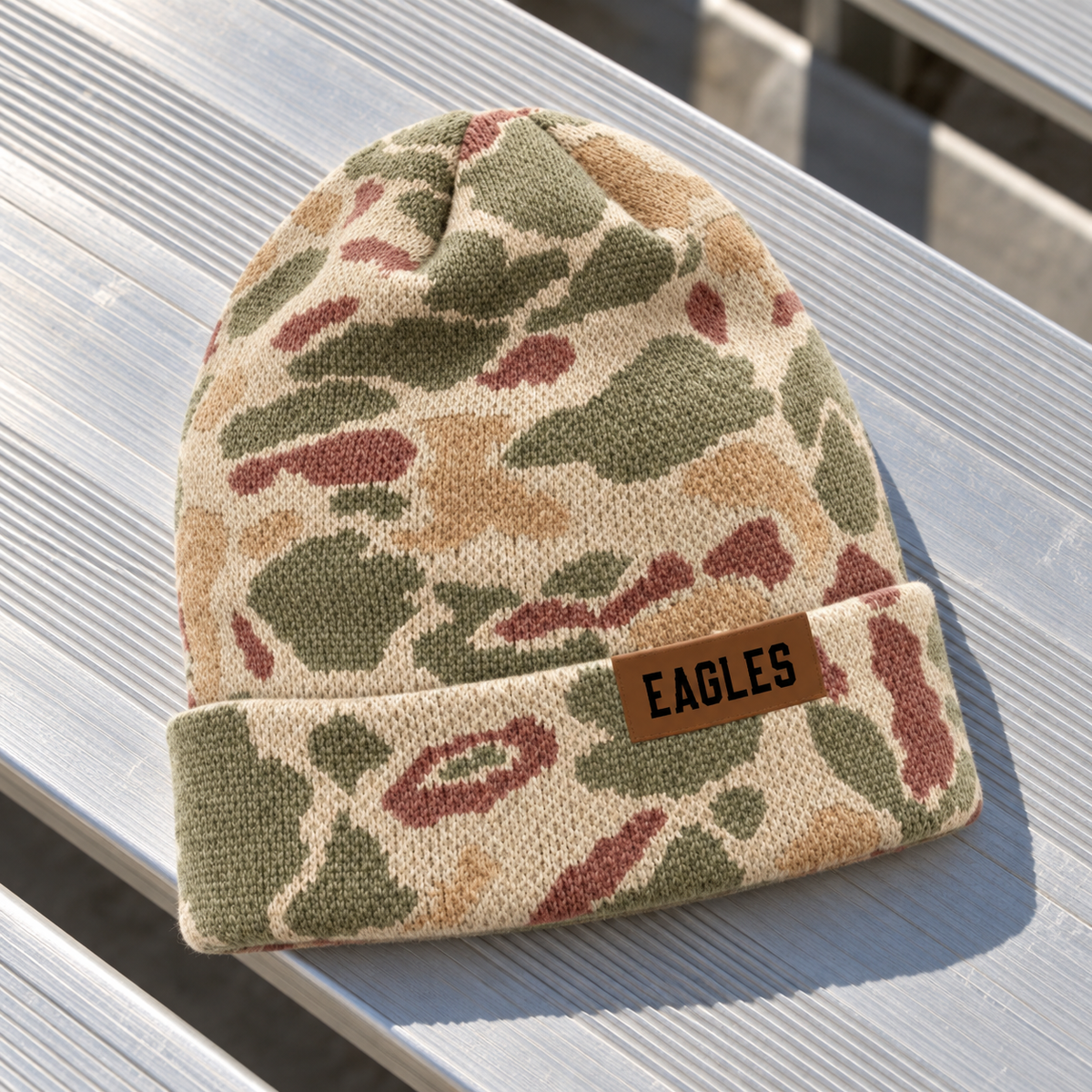 PREORDER | Eagles Leather Patch Harvest Duck Camo Beanie