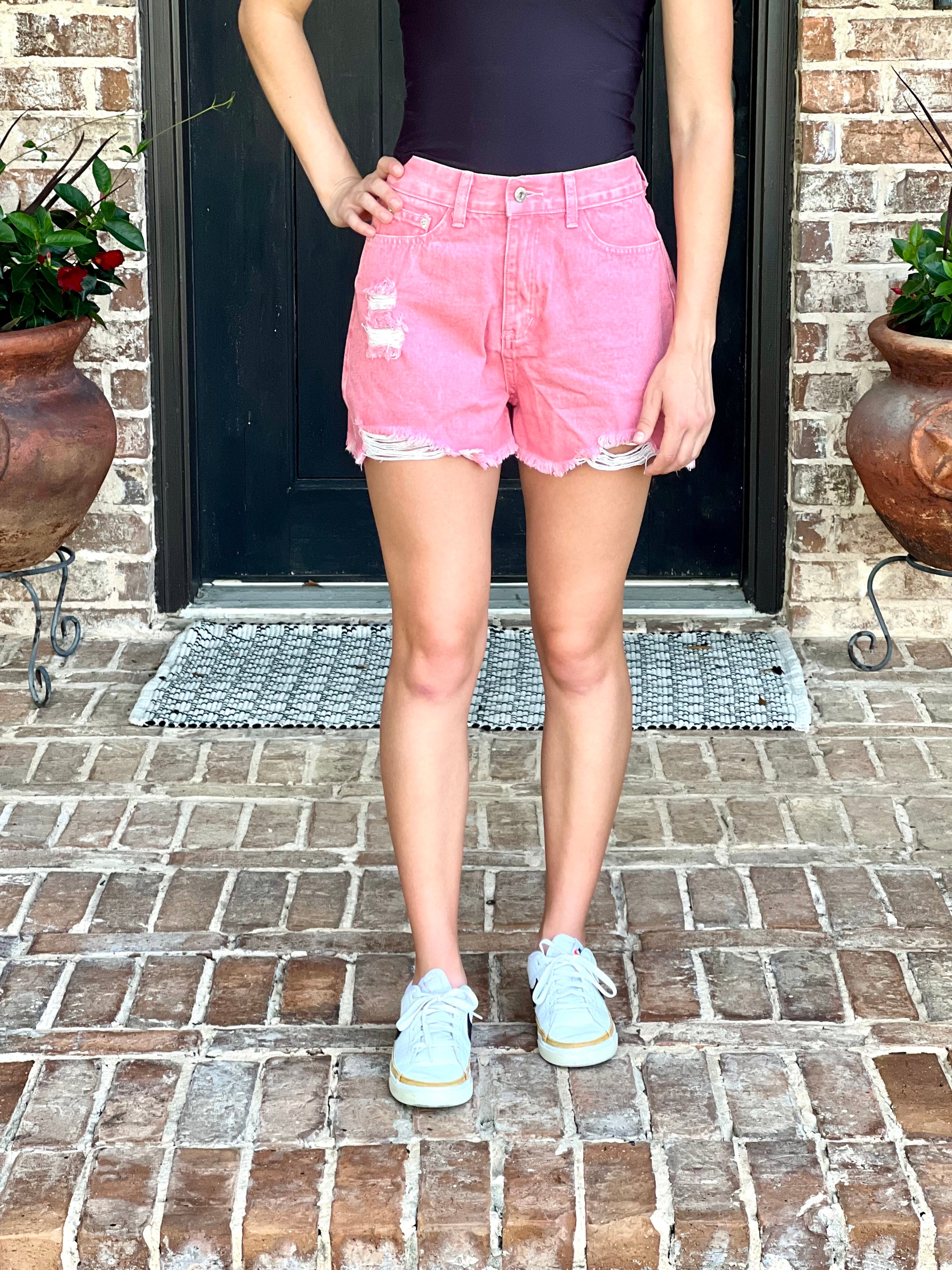 Pink Mineral Wash Distressed Shorts