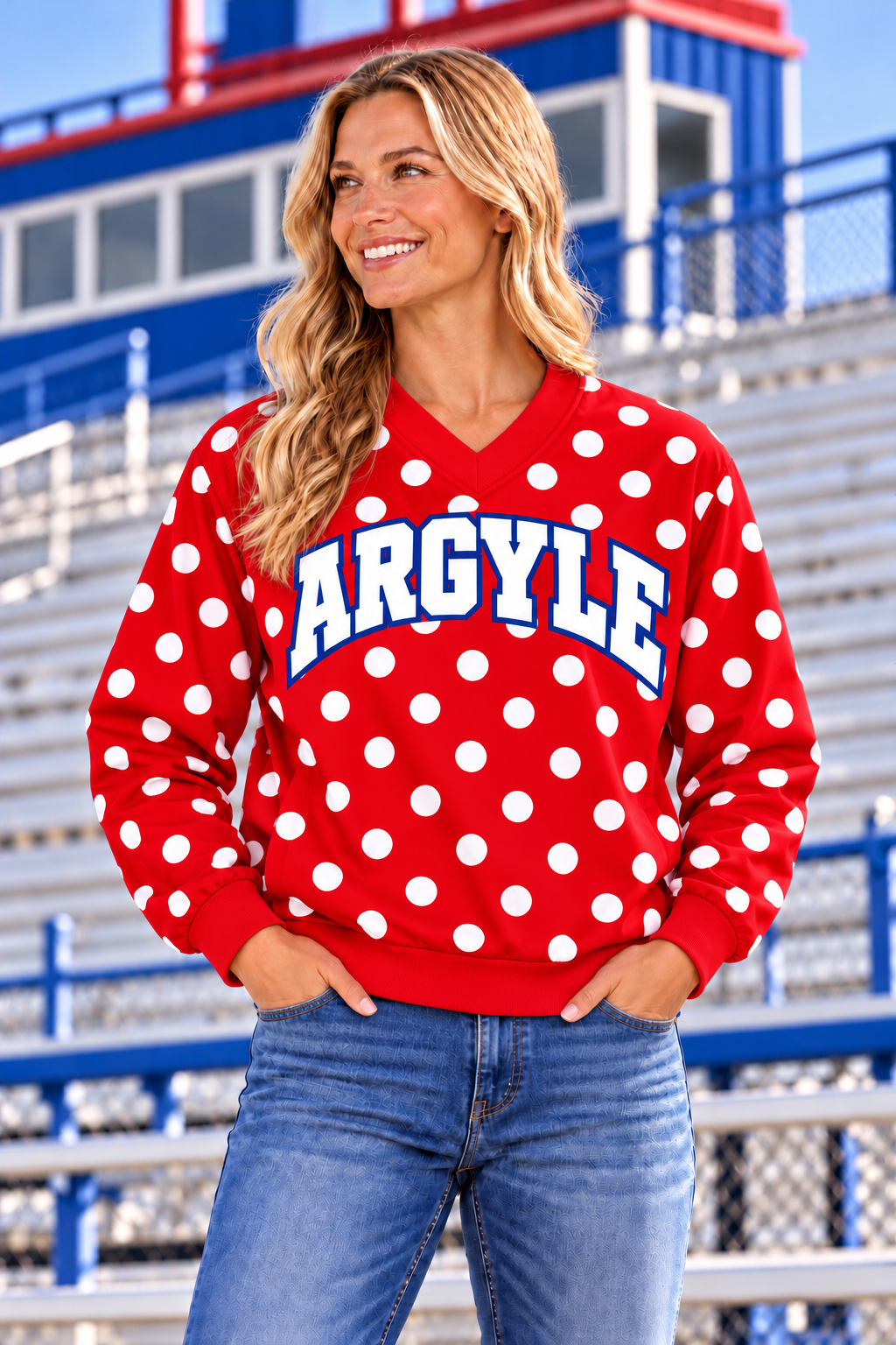PREORDER | Argyle Redhawks Red Polka VNeck Lined Windbreaker Pullover