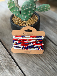Patriotic Americana Red White Blue Seed Bead Bracelet Set