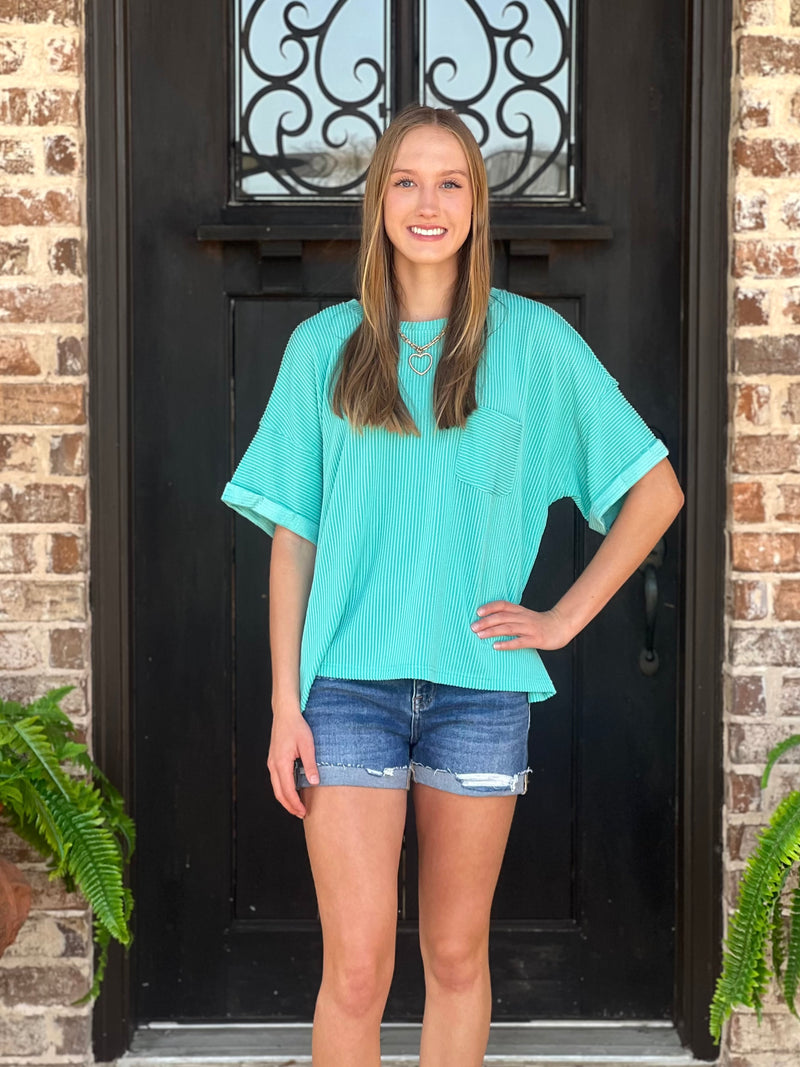 Emerald Ribbed Umgee Basic Pocket Tee