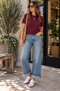 Wine Short Sleeve Lightweight Sweater