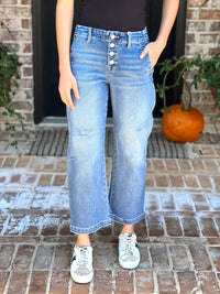 Risen | Mid Rise Twisted Seam Button Fly Barrel Jeans