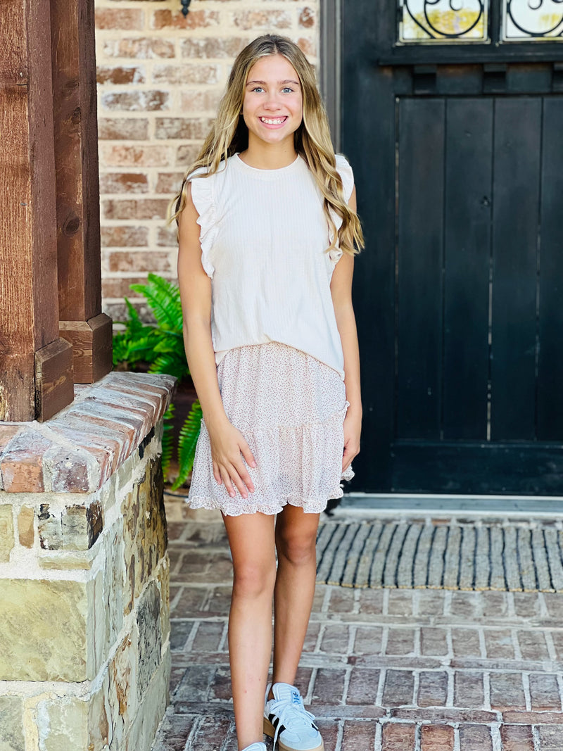 Girls Beige Ruffle Sleeve Ribbed Tank