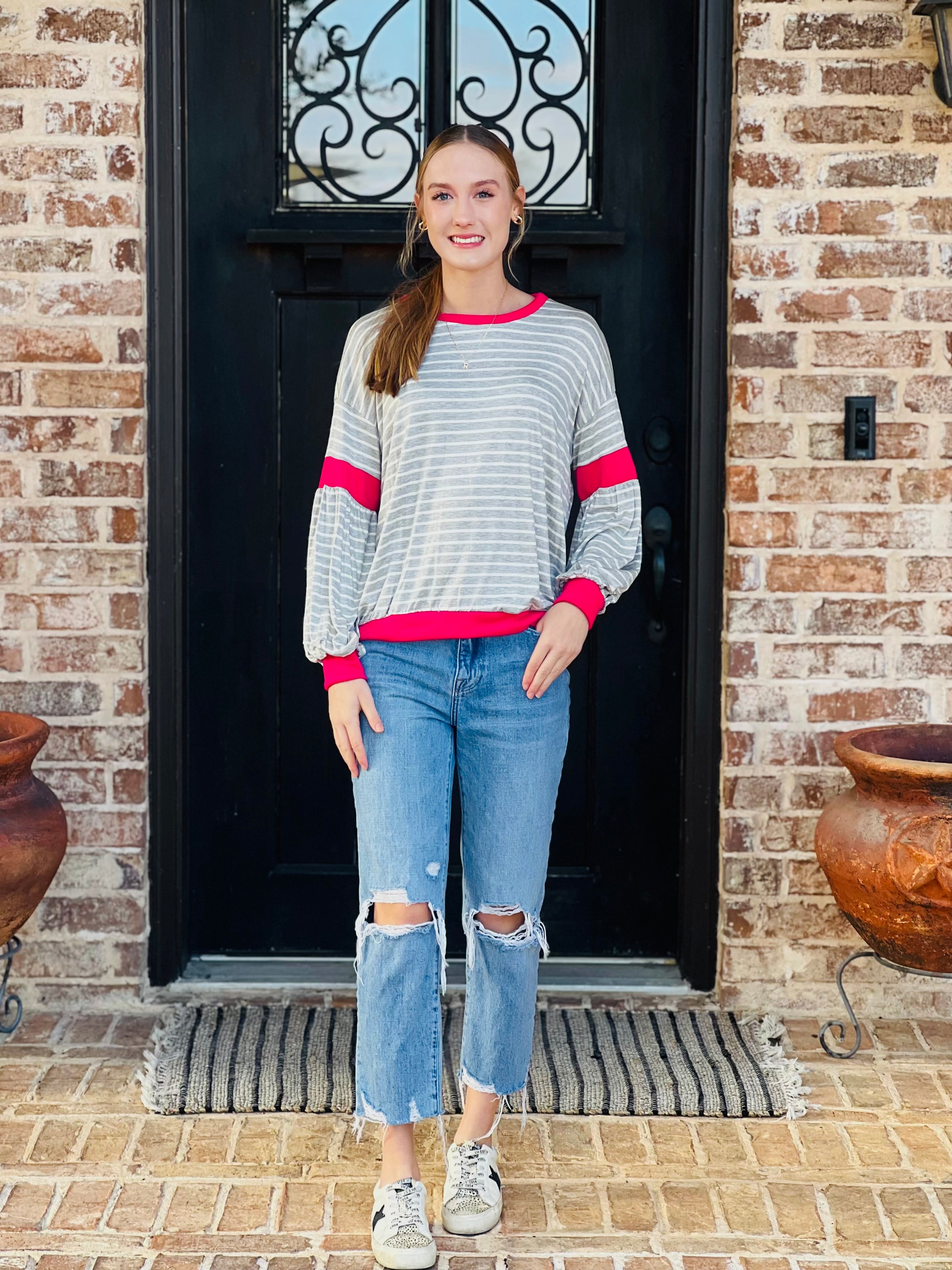Flirt Grey & Fuchsia Striped Long Sleeve Top