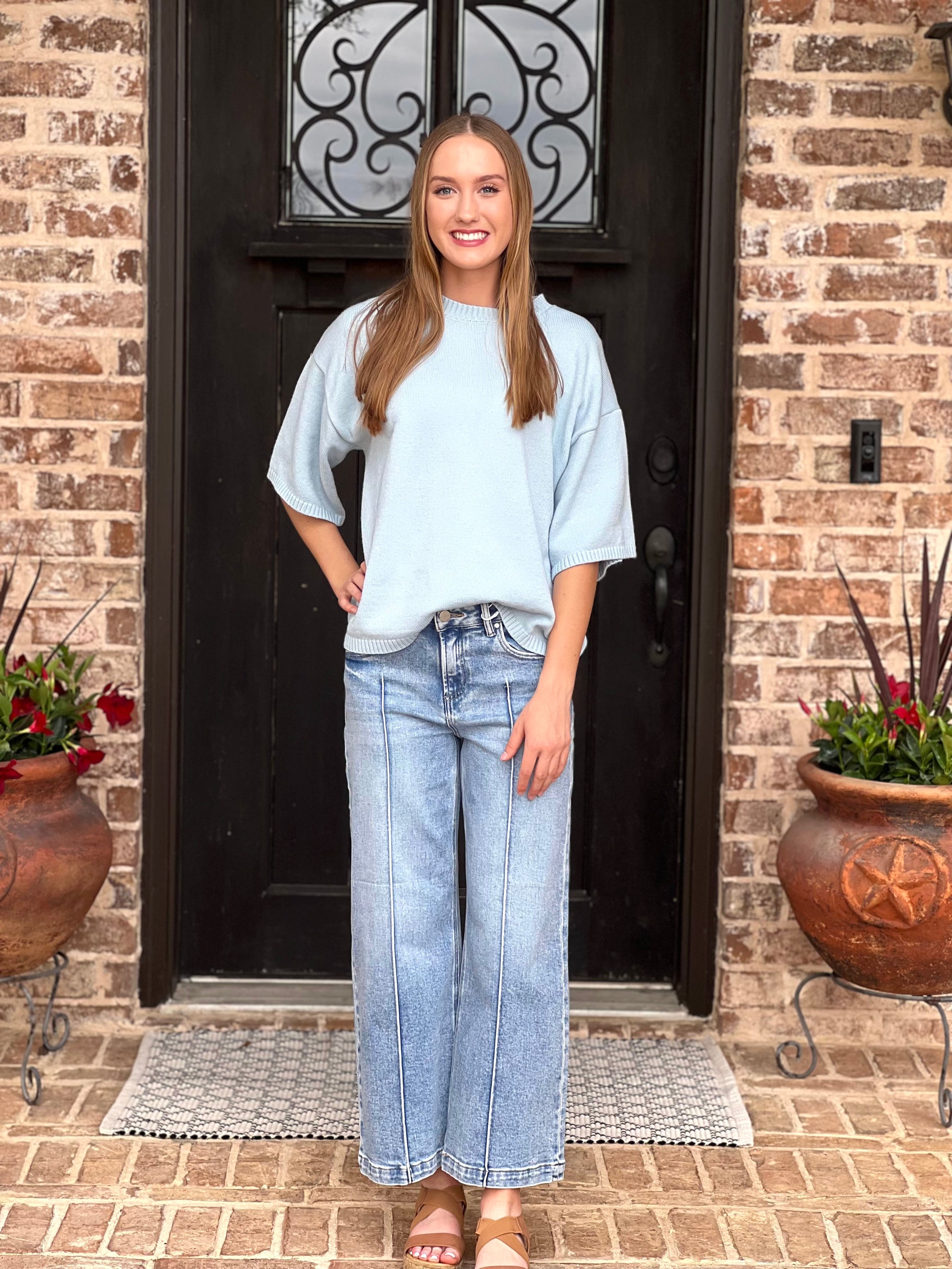 Light Blue Short Sleeve Relaxed Sweater Top