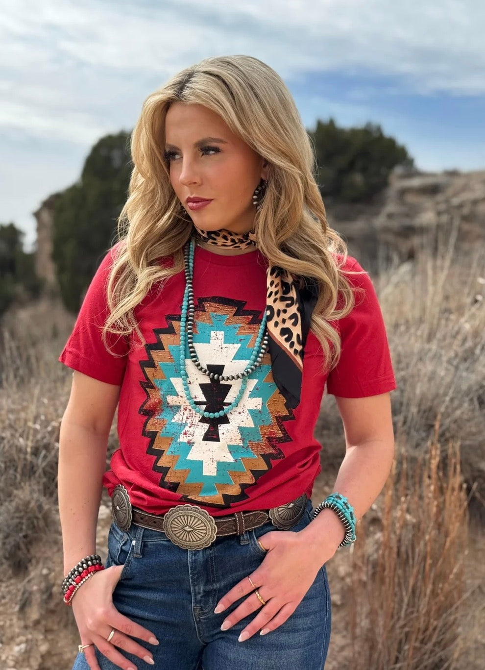 Cheyenne Red Aztec Tee
