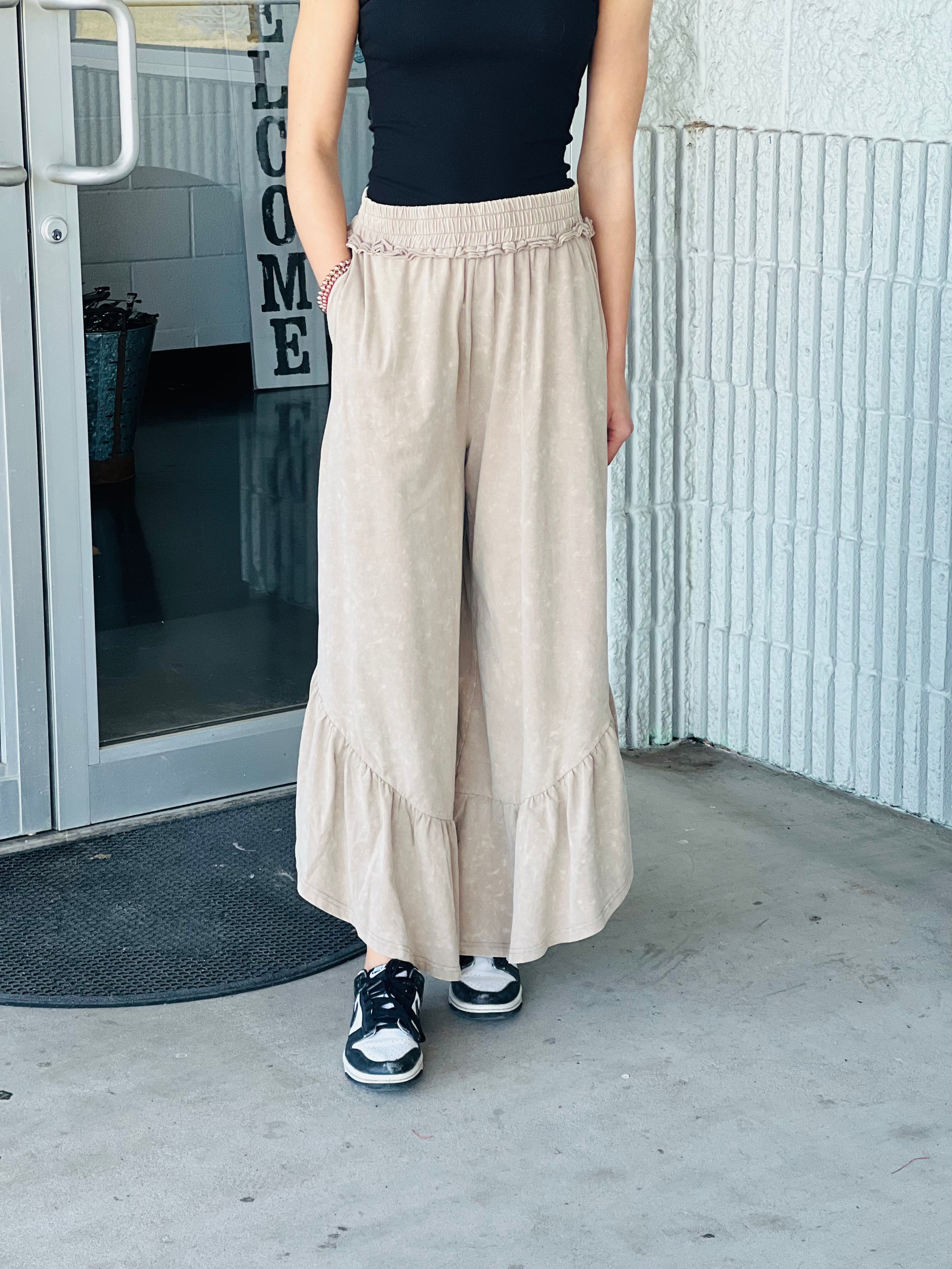 Taupe Tiered Ruffle Mineral Wash Wide Leg Pants
