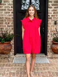 Red Collar Romper with Pockets
