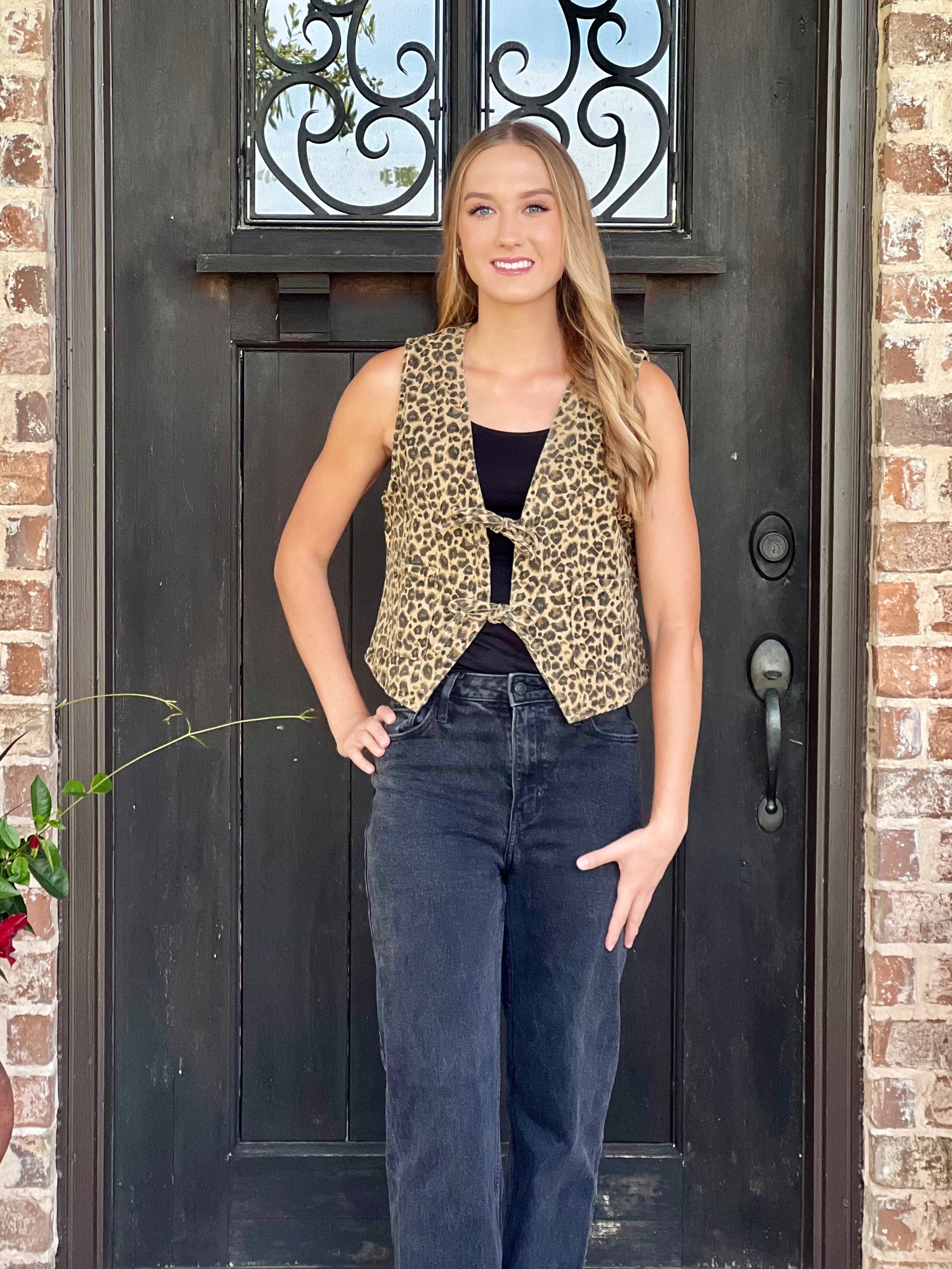 Leopard Denim Front Tie Vest