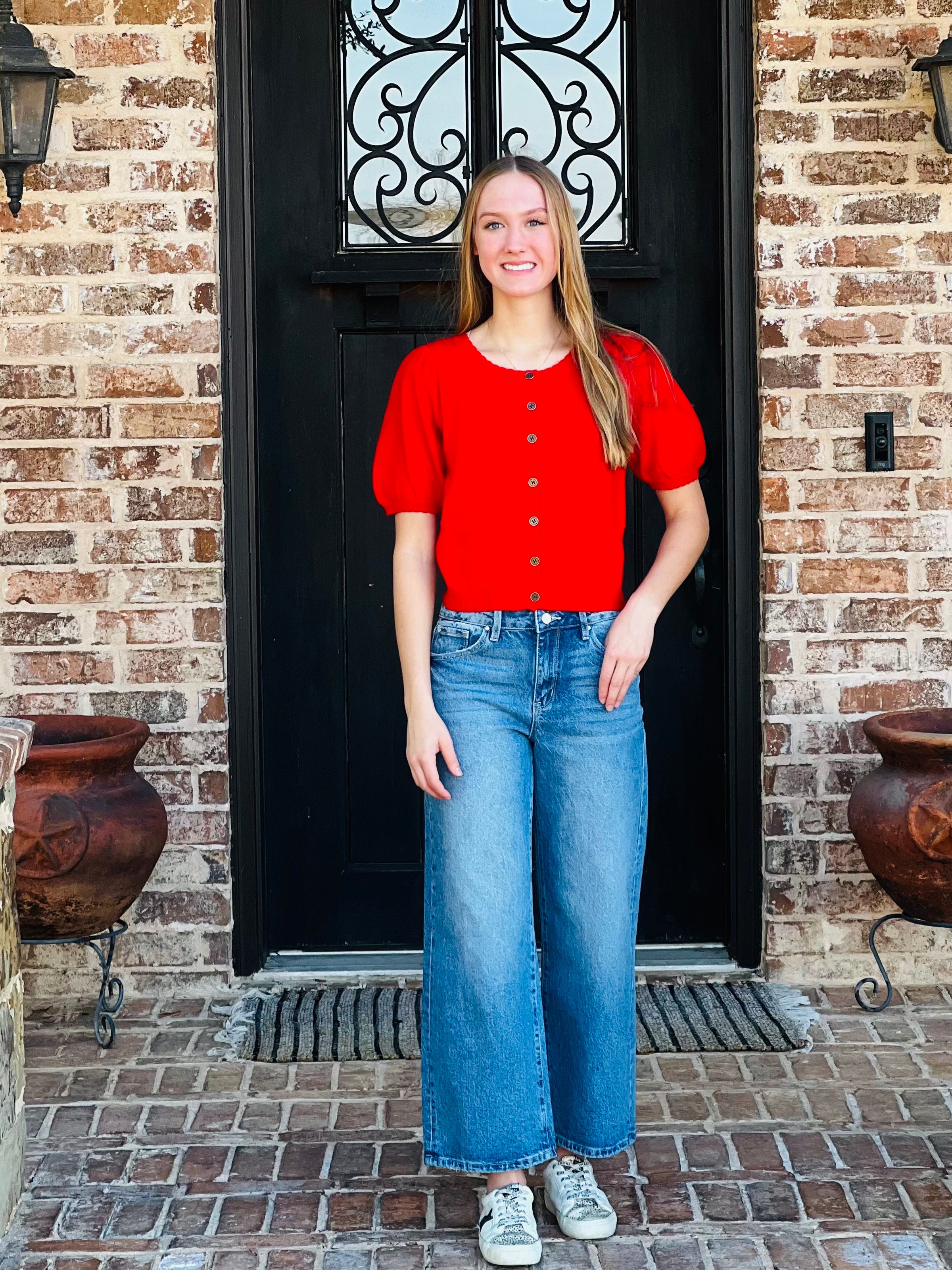 Red Puff Sleeve Cropped Cardi Sweater