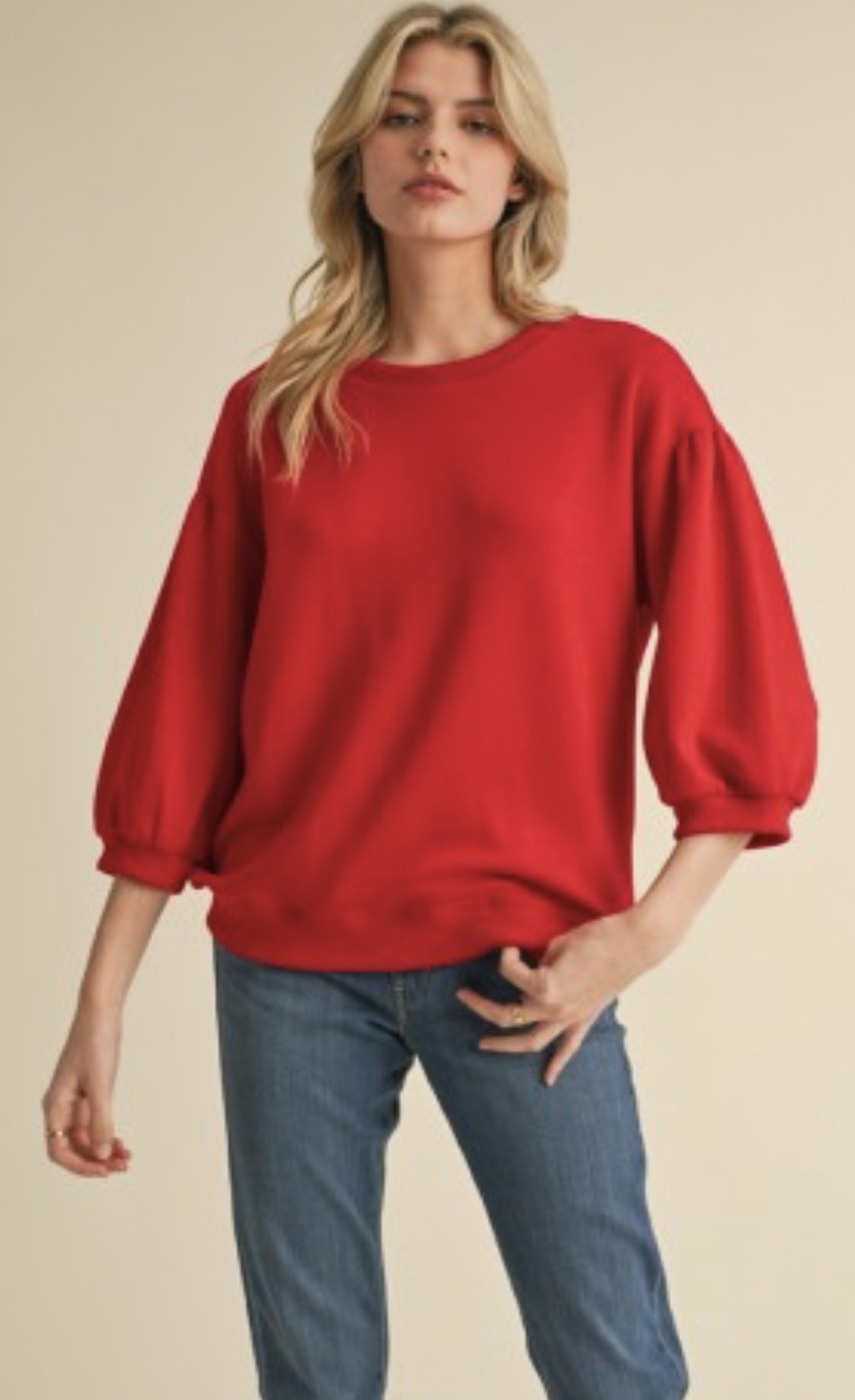 Red Solid 3/4 Sleeve Peasant Top