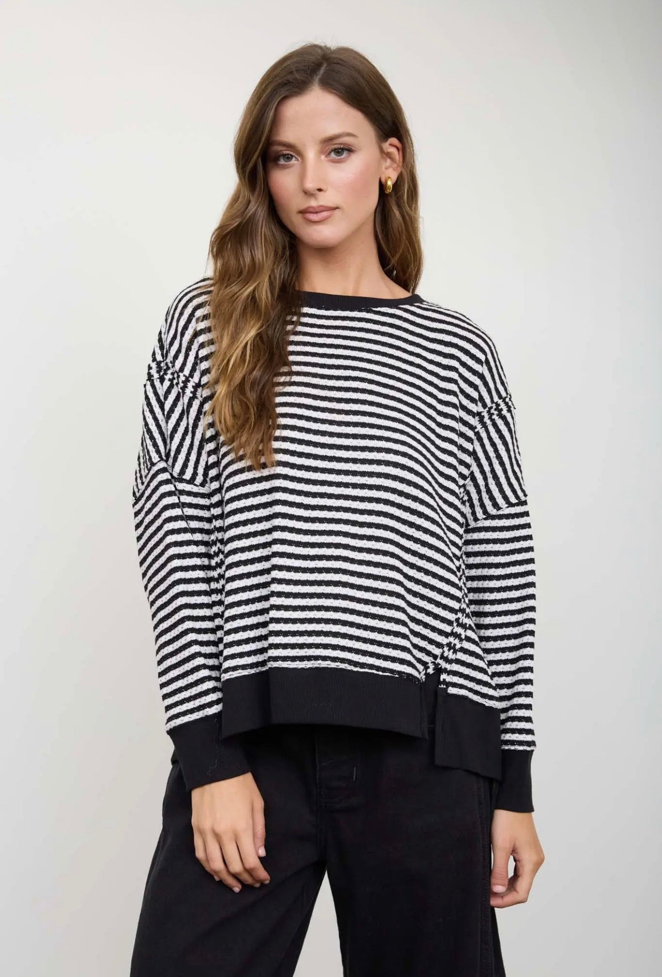 Black Striped Exposed Seam Split Long Sleeve Top