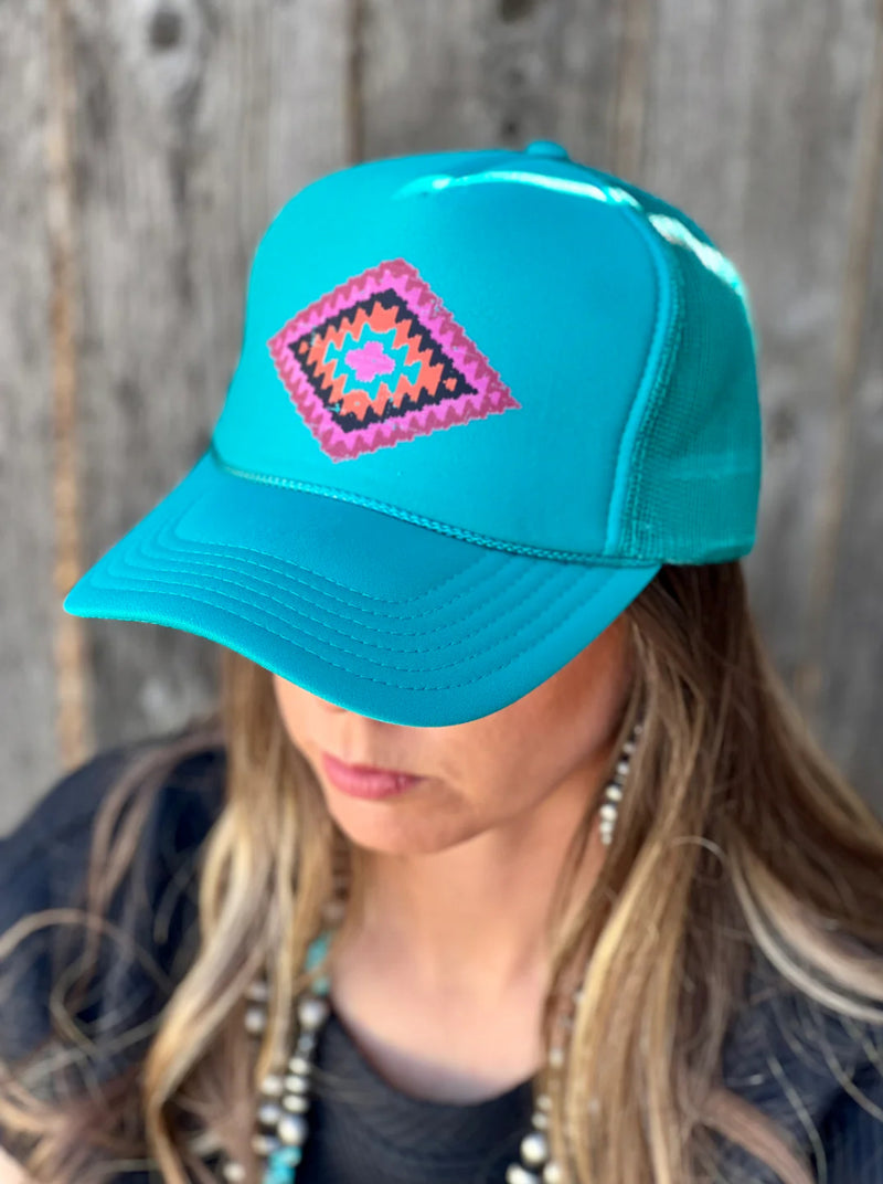 Teal Cheyenne Aztec Foam Trucker Cap