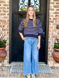 Navy Stripe Raw Edge Short Sleeve Sweater
