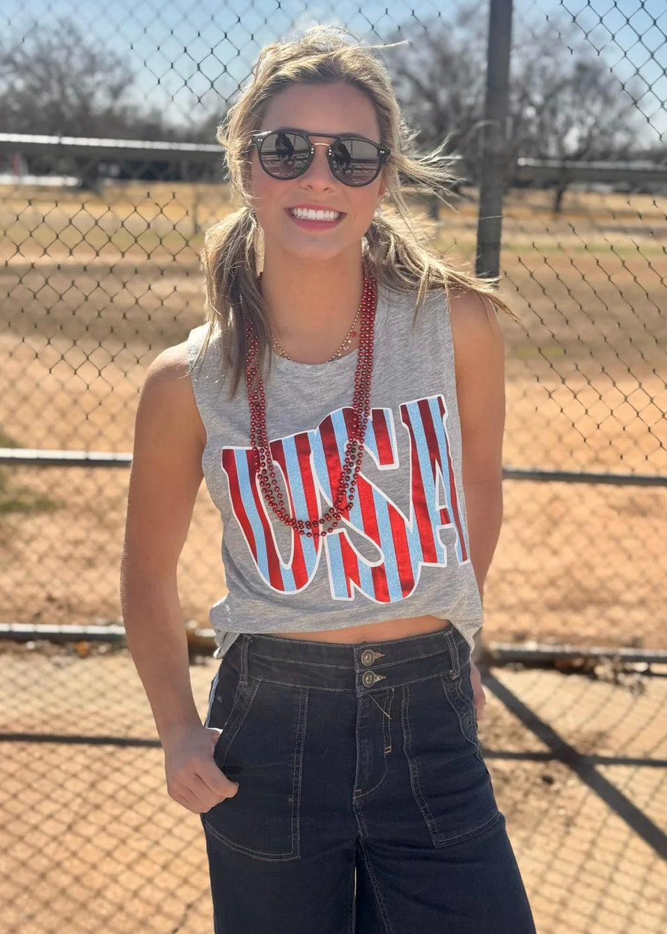 Striped USA In Glitter & Metallic Puff Muscle Tank