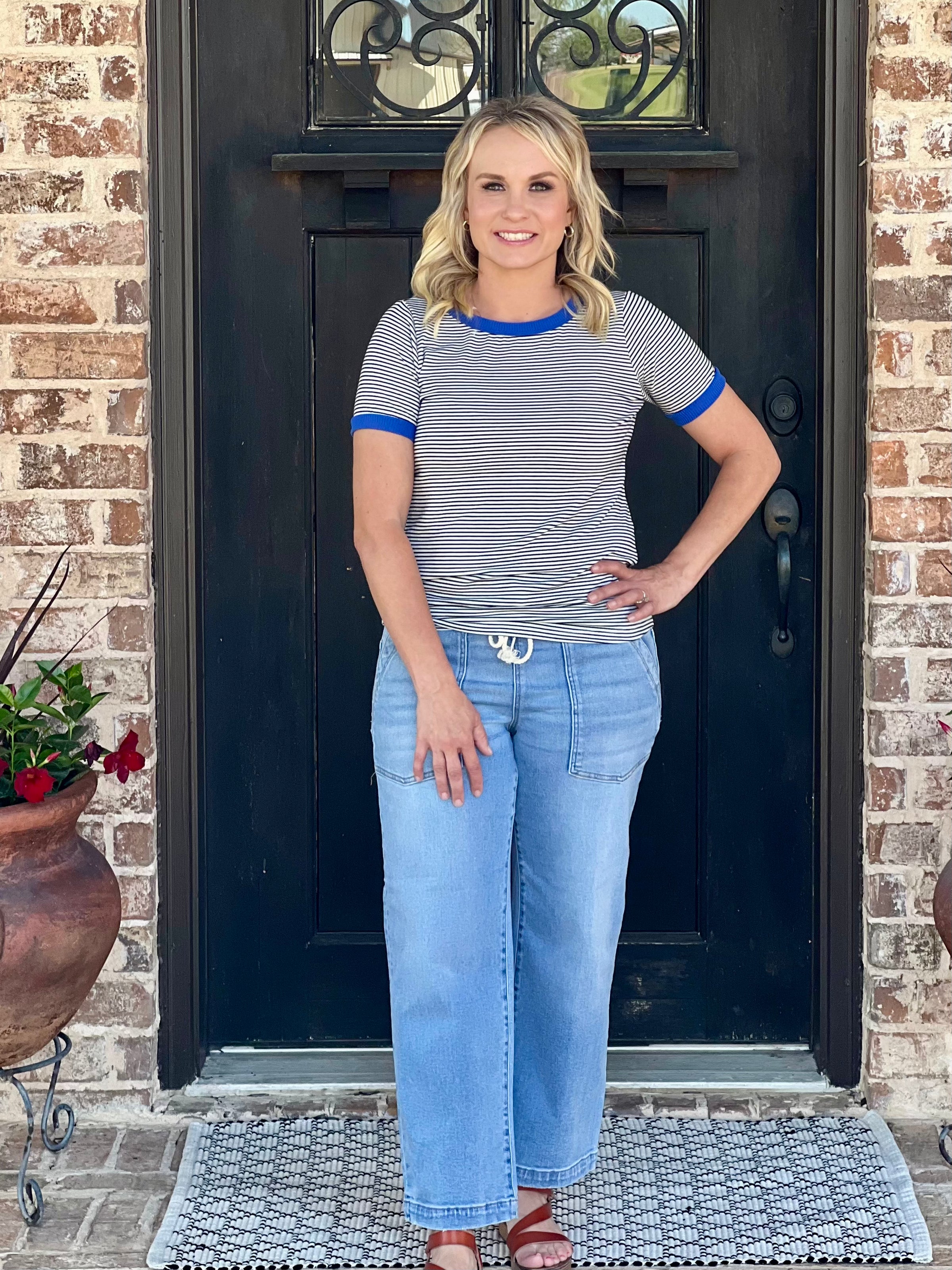 Ivory & Royal Color Trimmed Striped Top