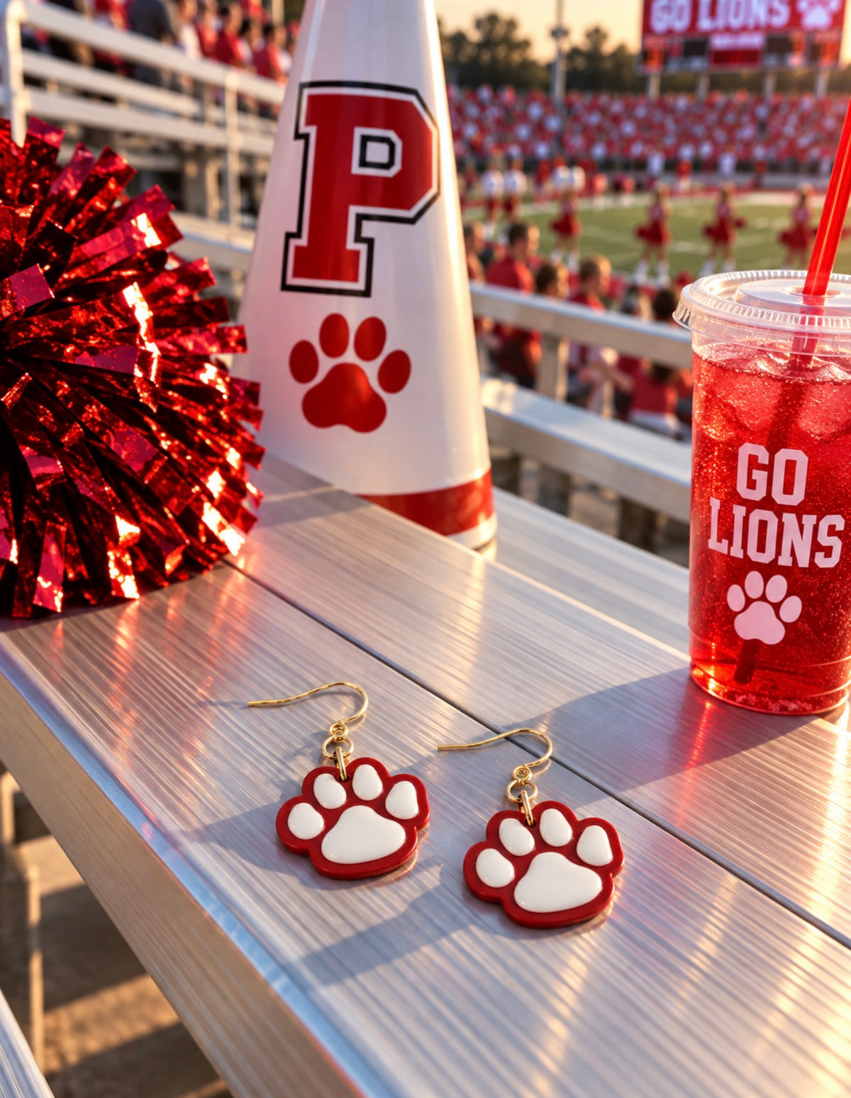 Red & White | Demi | Paw Print | Gold Dangle Earrings