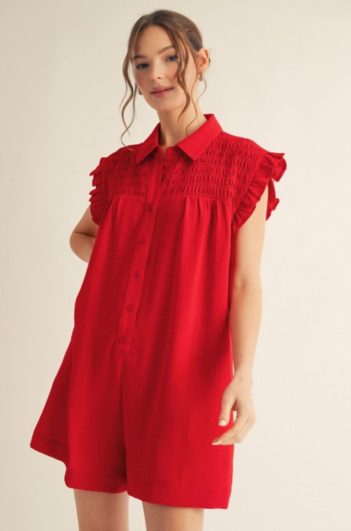 Red Collar Romper with Pockets