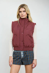 Oxblood Cropped Mock Neck Snap Puffer Vest
