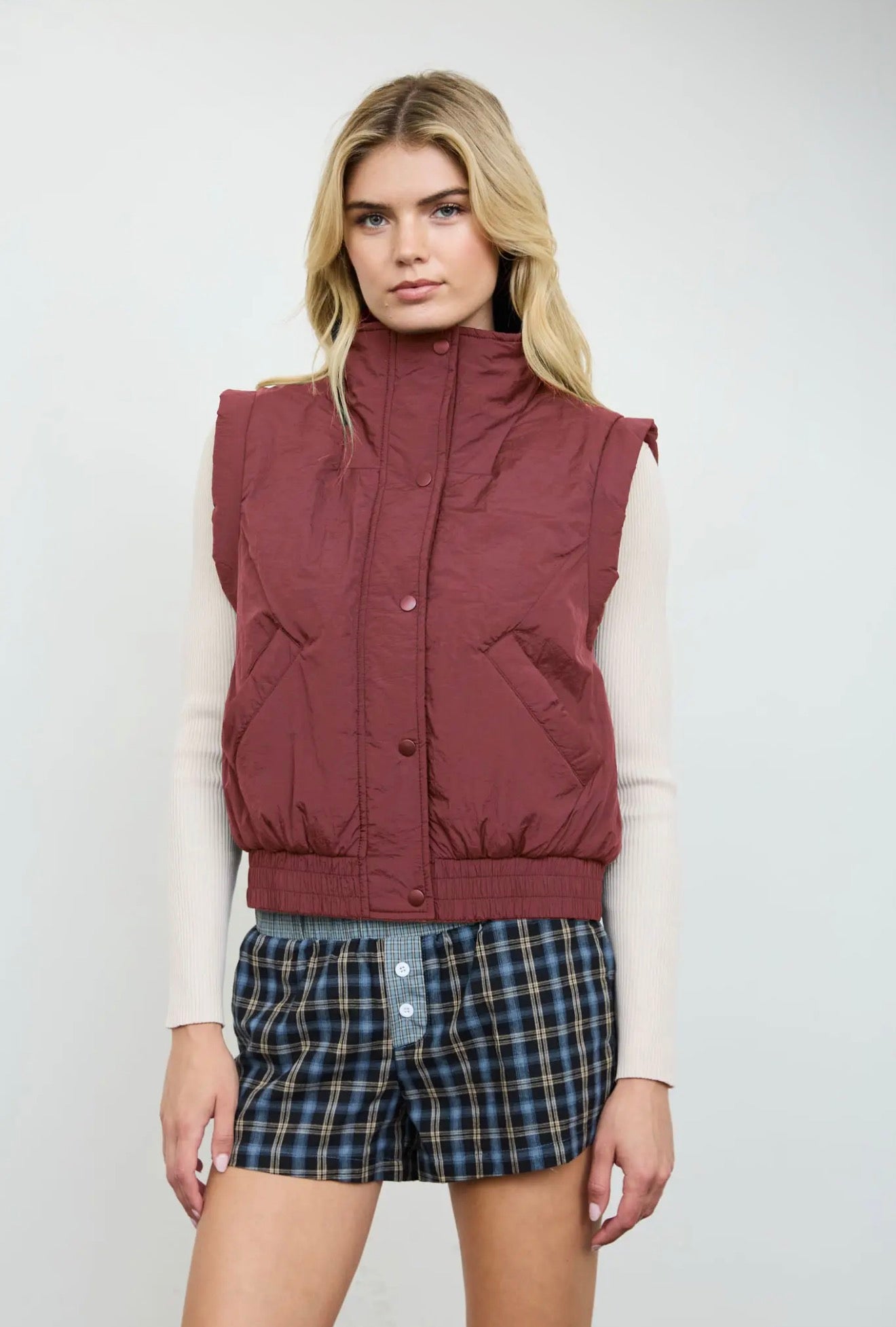 Oxblood Cropped Mock Neck Snap Puffer Vest