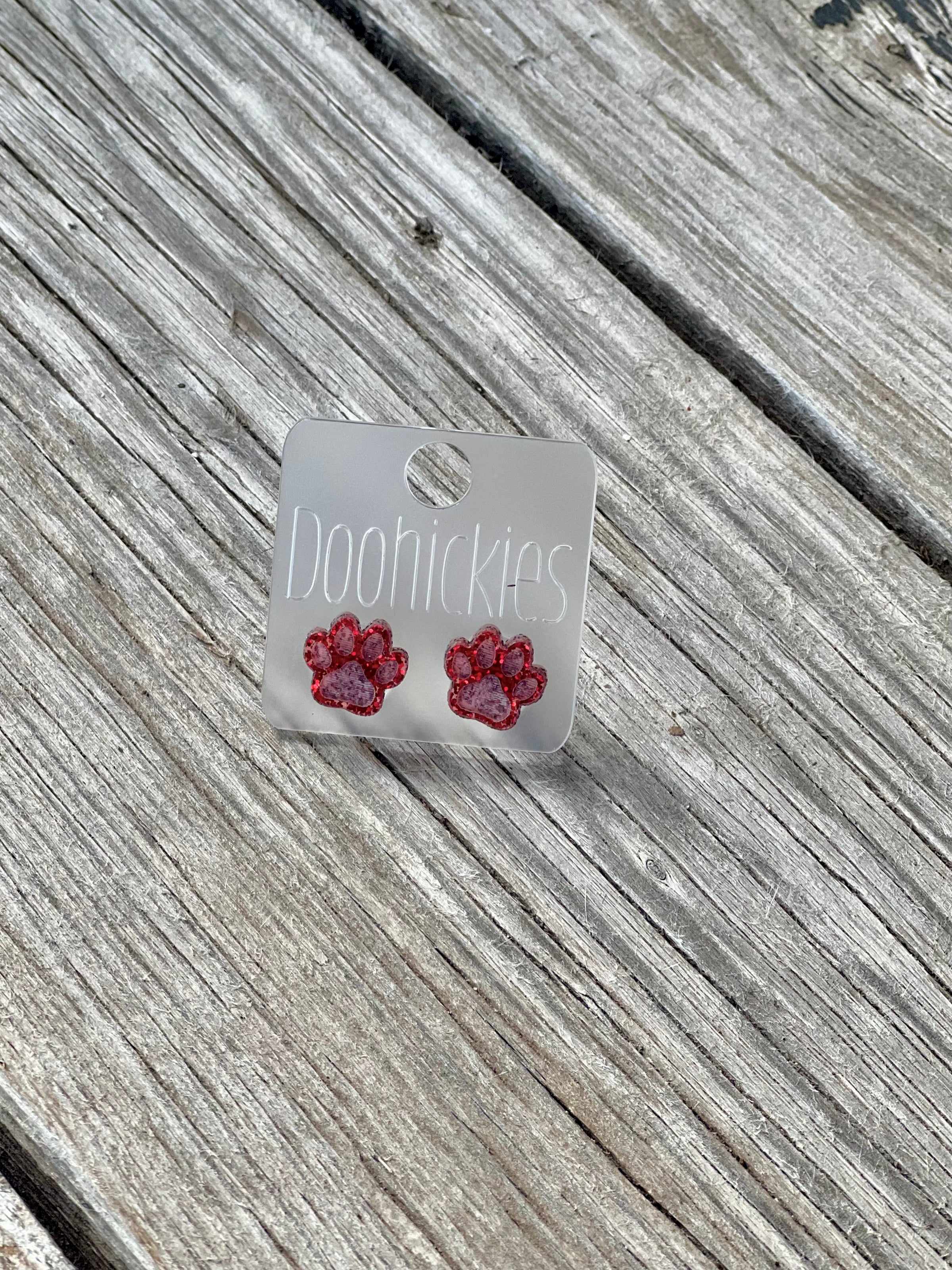 Red Glitter Paw Stud Earrings