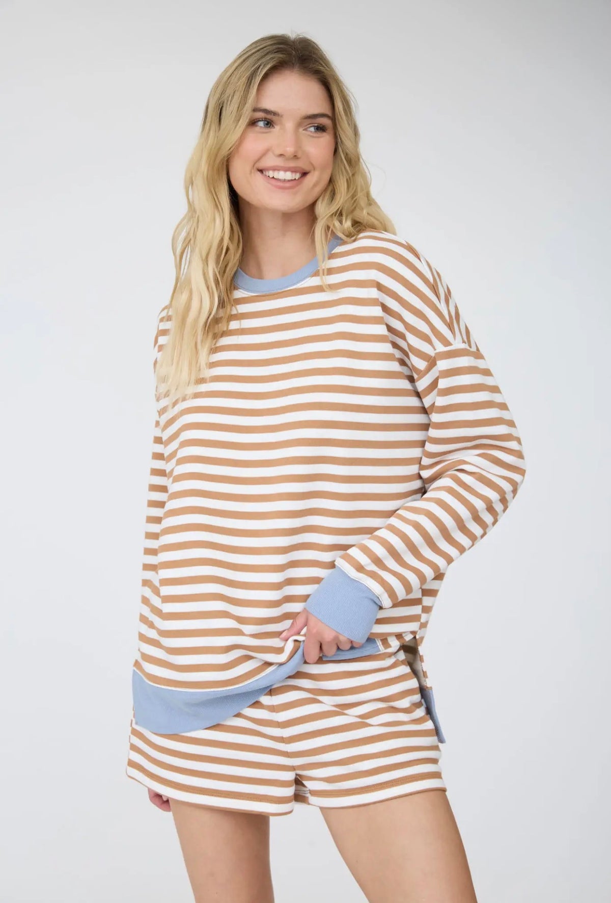 Khaki Striped Long Sleeve Contrast Set