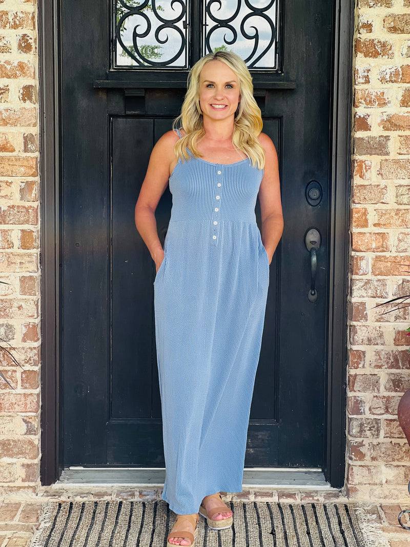 Denim Blue Scoop Neck Button Front Maxi Dress