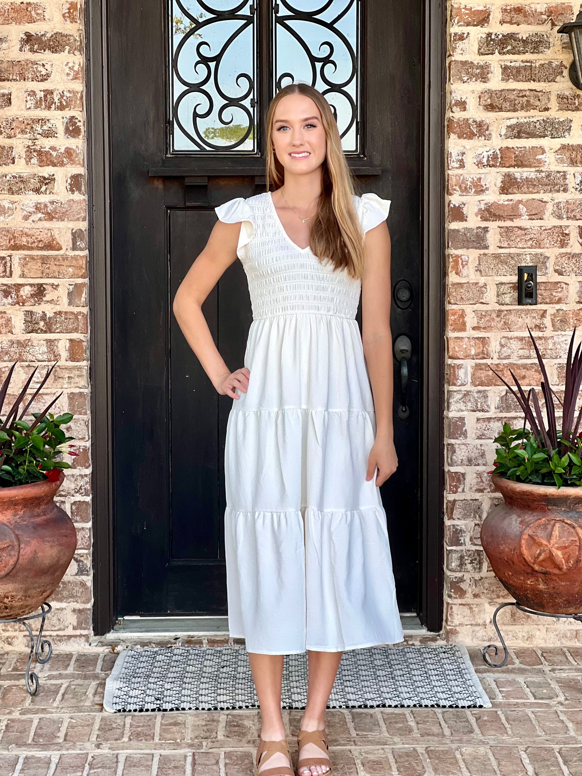cream flutter sleeve dress Warehouse Women's Tulle Polka Dot Plunge Neck Flutter Sleeve Tier Maxi Dress in Cream