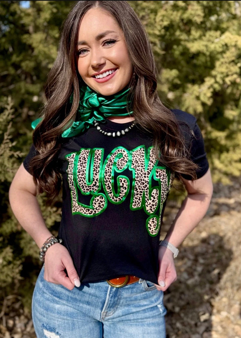 Leopard Lucky With Green Puff Outline Tee