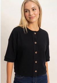 Black Button-Down Short Sleeve Waffle Top