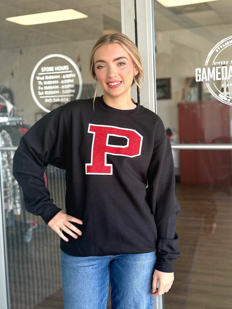 P Glitter Collegiate Letter Sweatshirt