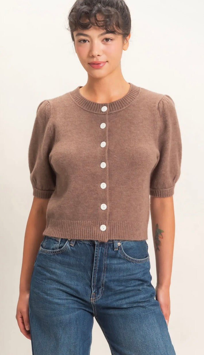 Ash Brown Button Front Puff Cardi Top