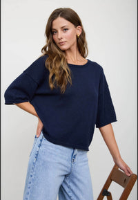 Navy Raw Edge Boxy Short Sleeve Knit Sweater