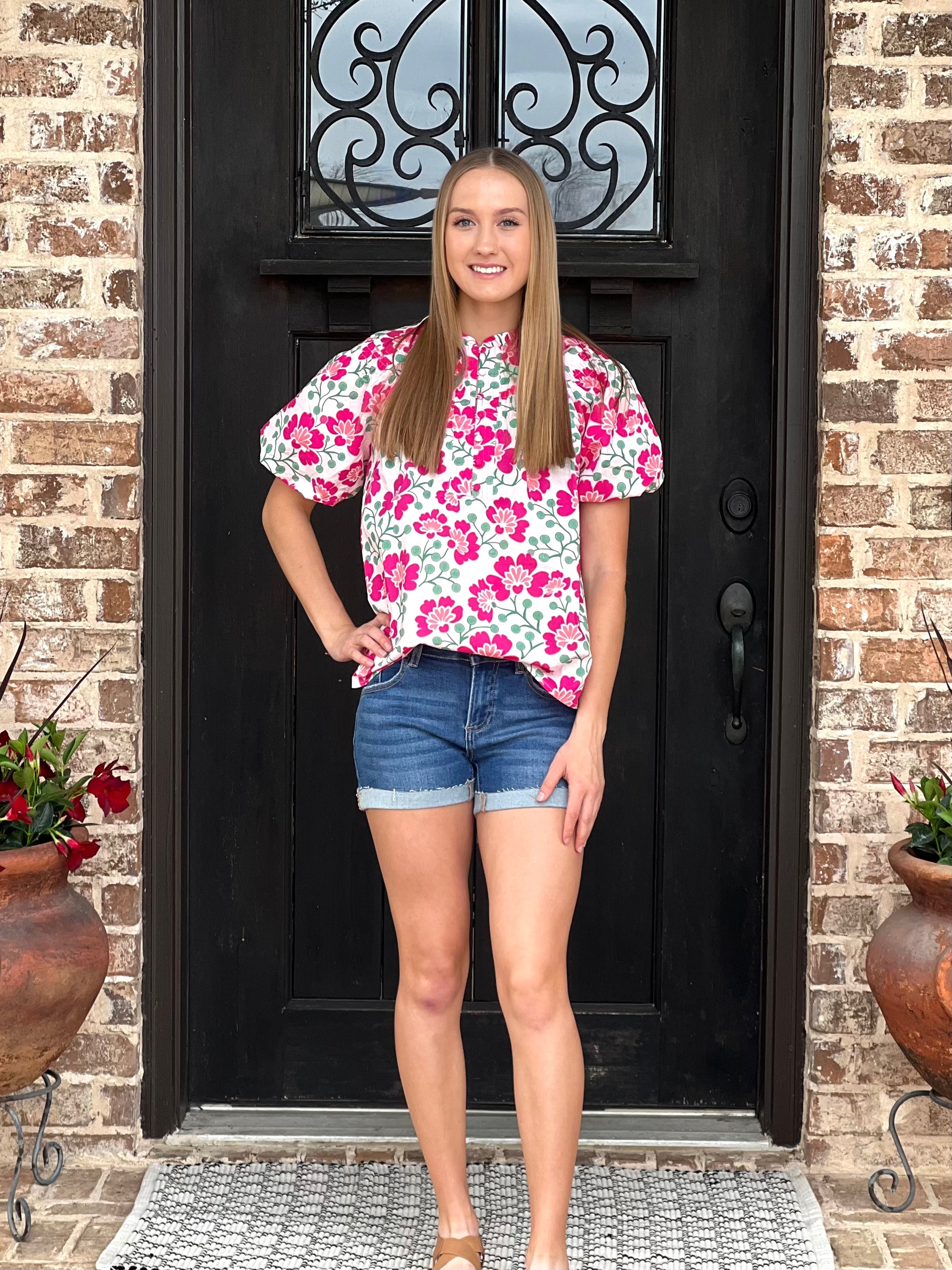 Tori Fuschia Floral Puff Sleeve Top